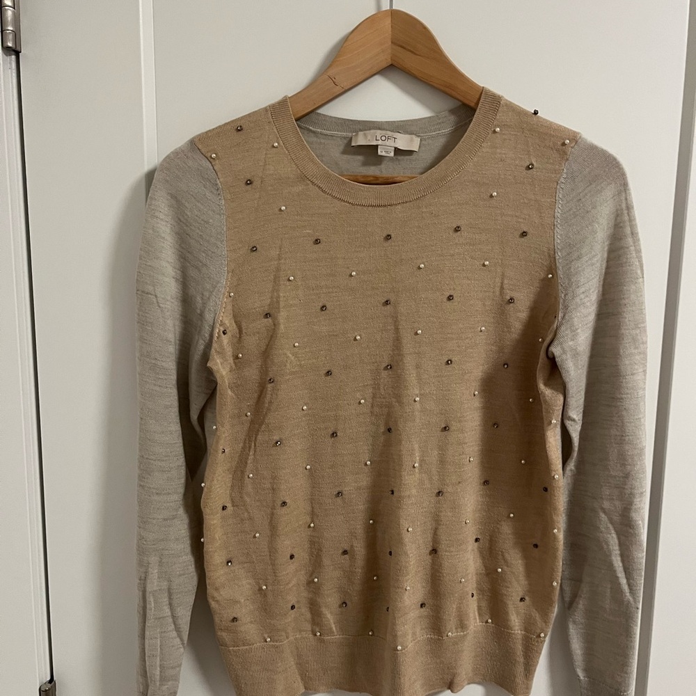 Ann Taylor Loft Tan and Gray Sweater with Embellishments